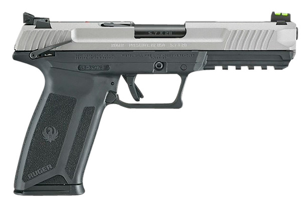 Ruger 5.7x28mm 4.94" Barrel, Silver Cerakote Steel, Black Polymer Grip Pistol - 20Rd