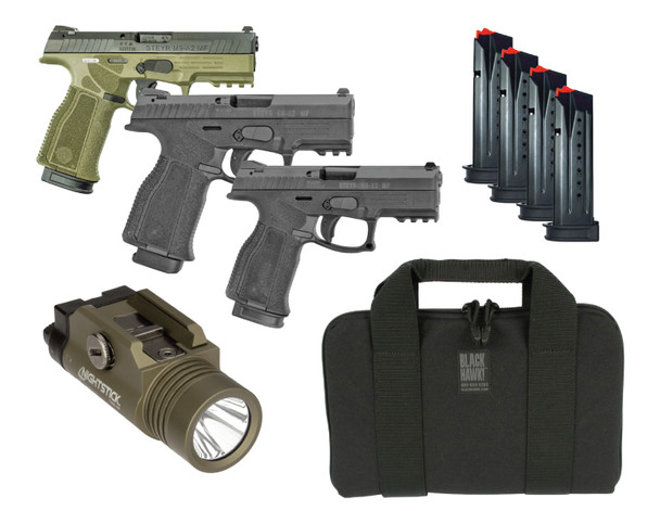 Steyr Arms Bundle A2 9MM Pistol + Nightstick Tactical light + Blackhawk Pistol Bag +  4 additional 17rd Magazines (6 TOTAL)