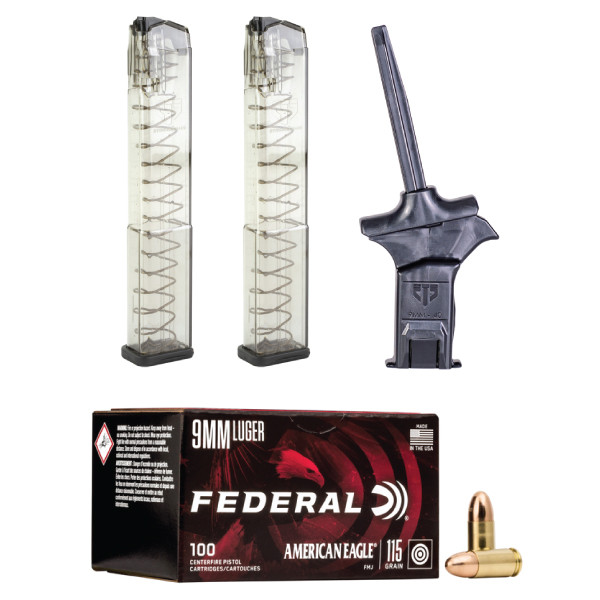 ETS C.A.M 9mm Loader + 2 ETS 32rd 9mm glock Magazines + 100 Rounds of Federal 9mm 115 Grain