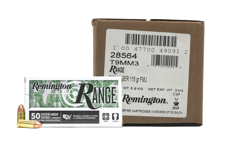 Remington Range 9MM 115 Grain Full Metal Jacket 500 Round Case - T9MM3