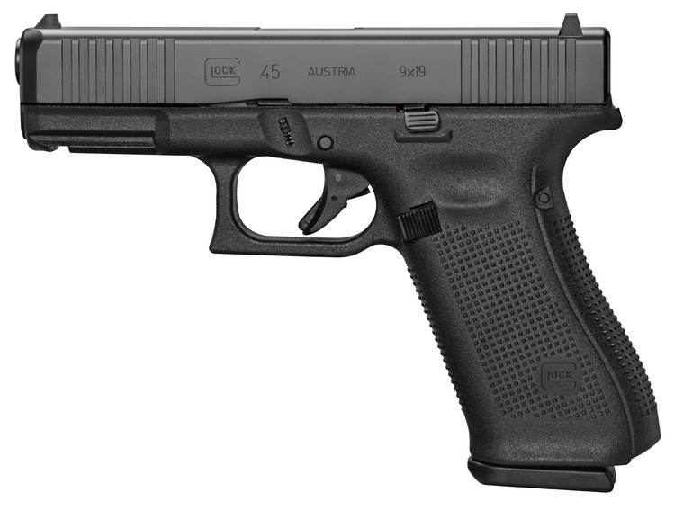 Glock PA455S201 G45 Gen5 Compact Crossover 9mm Luger 4.02 101 Overall Black Finish with nDLC Steel with Front Serrations Slide Rough Texture Interchangeable Backstraps Grip  Fixed Sights