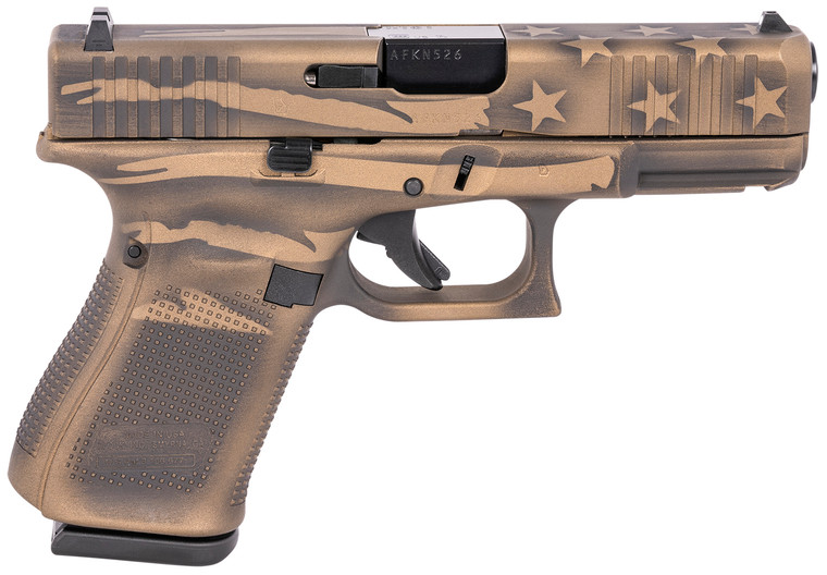Glock PA195S204BBBWFLAG G19 Gen5 Compact 9mm Luger 4.02 151 Overall Battle Worn Flag Cerakote with Steel with Front Serrations Slide Rough Textured Interchangeable Backstraps Grip  Fixed Sights