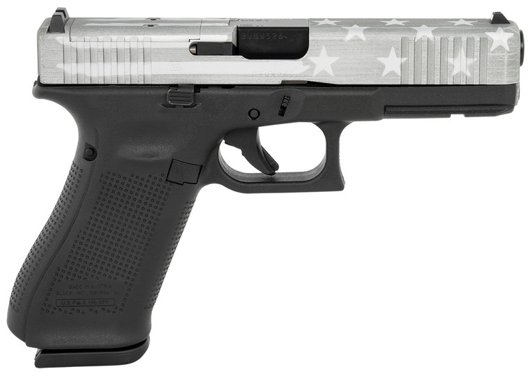 Glock PA175S204MOSBWFS G17 Gen5 MOS 9mm Luger 4.49 171 Black Polymer Frame Battle Worn Flag Cerakote Steel with Front Serrations  MOS Cuts Slide Rough Textured Interchangeable Backstraps Grip