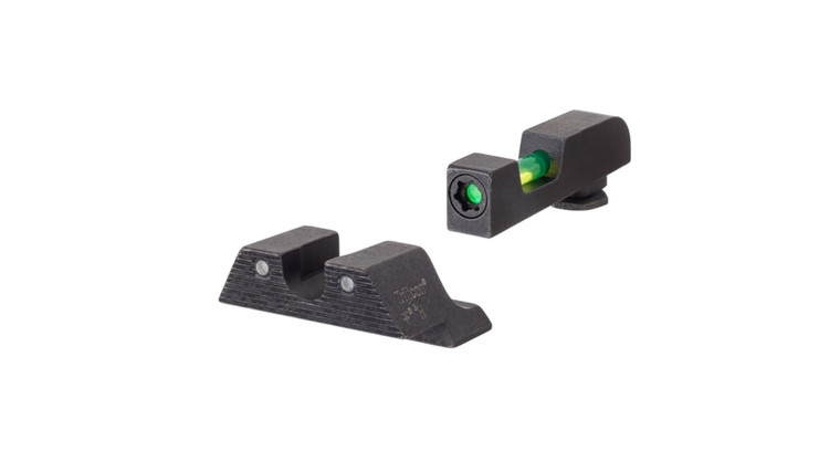 Trijicon 601102 DI Night Sight Set Interchangeable TritiumFiber Optic Green with Black Outline Front Tritium Green with Black Outline Rear Black Frame for Most Glock Except MOS Variants