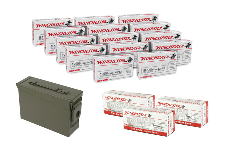 Winchester 9MM FMJ 124 GRAIN 450 RDS + 5.56x45 Nato FMJ 55GR 280 RDS + MILITARY AMMO CAN