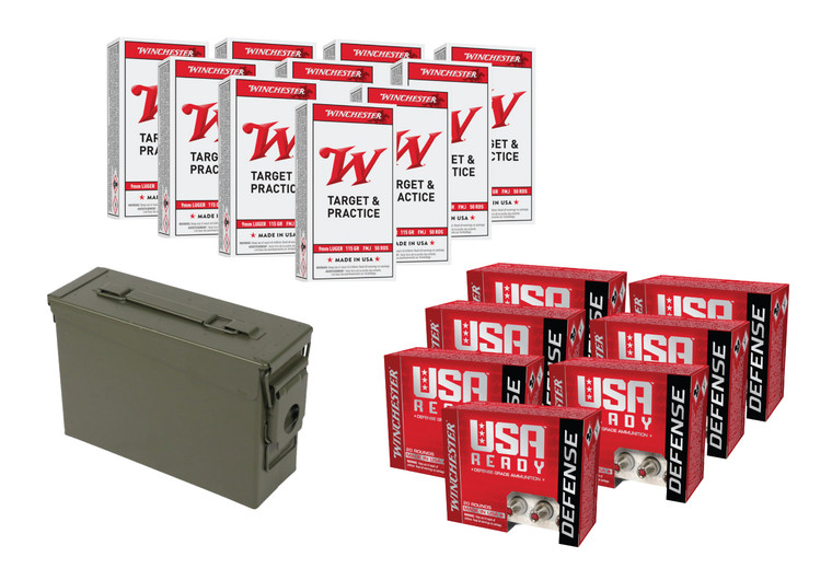 Winchester USA 9MM FMJ 115 GRAIN 500 RDS + Red 9MM HEX-VENT JHP 124GR +P 100 RDS + MILITARY AMMO CAN