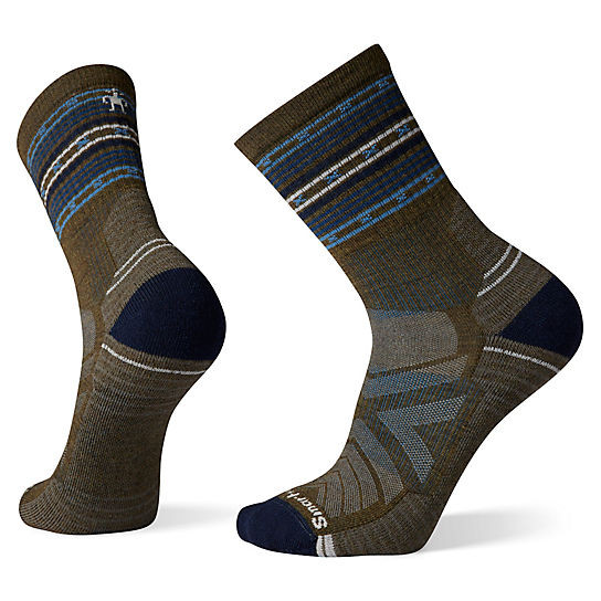 Smartwool Mens Light Cushion Spiked Stripe Crew Socks, Military Olive, XL