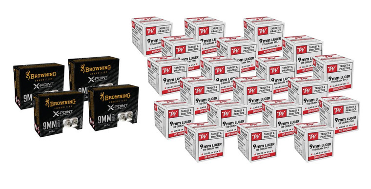 WINCHESTER 9MM LUGER 115 GRAIN FMJ (1,000 Rounds) + BROWNING X-POINT DEFENSE 9MM LUGER 147 GRAIN JHP (200 Rounds)