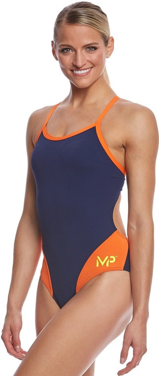 Michael Phelps Splice Mid Back Swimsuit, Navy Blue/Orange, Size 22
