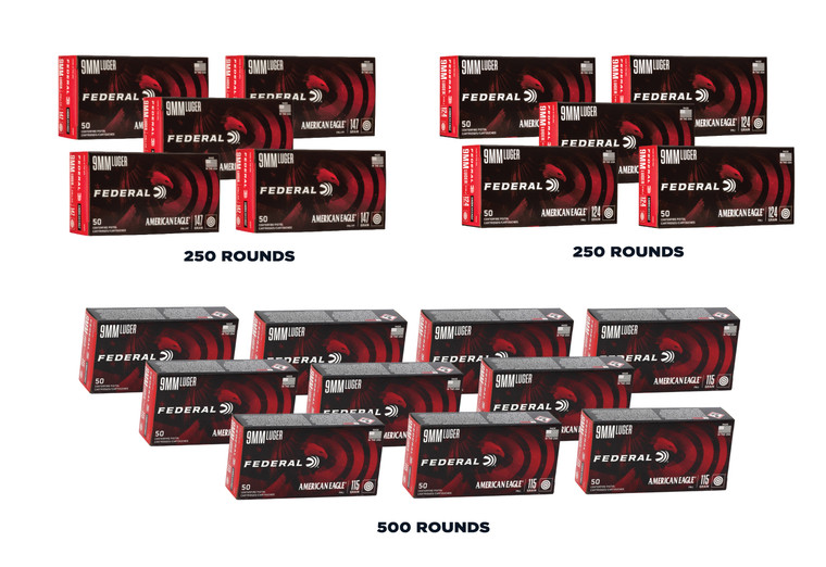 Federal "Variety Pack" 9mm Full Metal Jacket (FMJ) Mixed Grain  – 500×115gr, 250×124gr, 250×147gr – 1000 Rounds