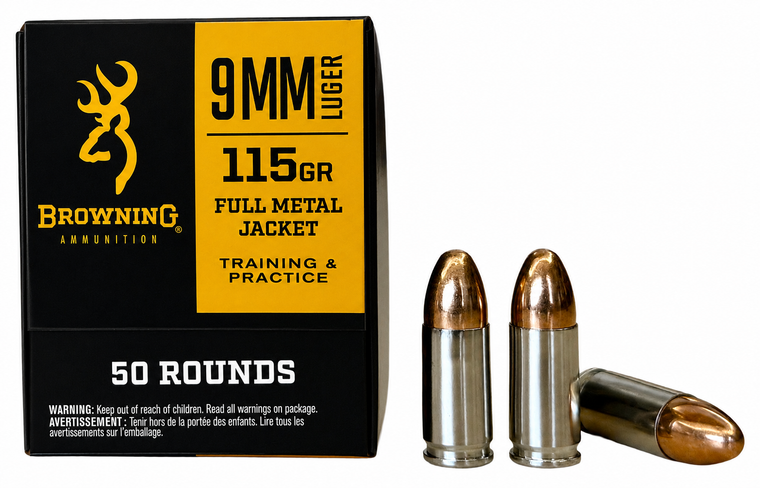 Browning Performance Target 9mm 115 Grain Nickel-Plated Full Metal Jacket (FMJ) Ammo