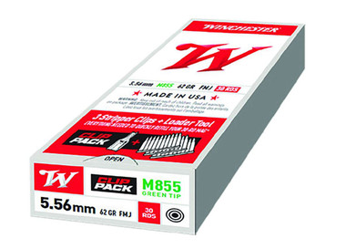 Winchester WM855CP 5.56mm, M855 Green Tip, 62GR, FMJ, 30Rd Stripper Clip Per Box