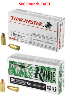 Winchester Hollow Point+ Remington Full Metal Jacket - 9mm 115 Grain - 500 Rounds EACH