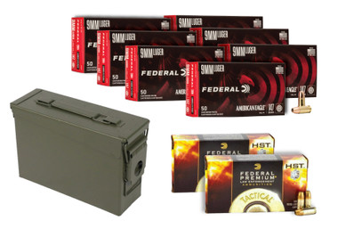 Federal 9mm FMJ 147 Grain 350 Rds + 9mm HST HP 147gr 100 Rds + Military Ammo Can