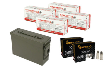 Winchester 9MM FMJ 124 GRAIN 600 RDS + Browning 9MM JHP 147GR +P 40 RDS + MILITARY AMMO CAN