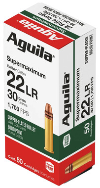 Aguila Supermaximum Rimfire 22 LR 30 Grain Copper Plated Solid Point