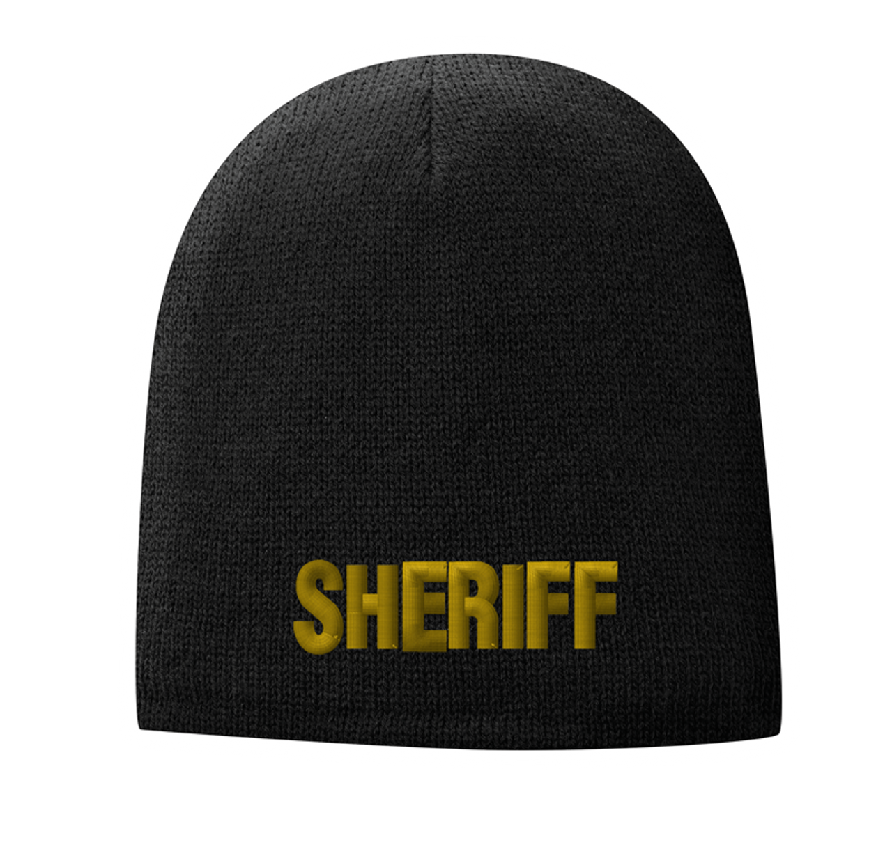 Fleece Lined Black knit cap 9 inch with Sheriff in Marine Gold Thread