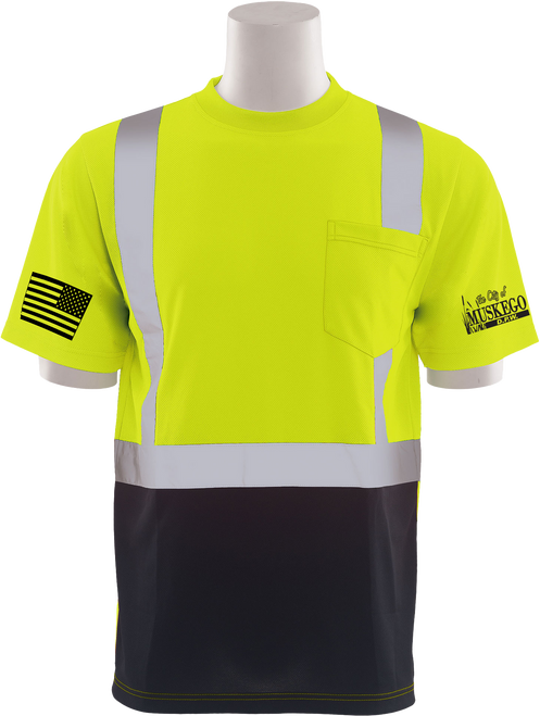 MSK-DPW-9006SB-SS-SG-SCR: Safety Green Short Sleeve, Black Bottom T-Shirt with Reflective Tape and Pocket