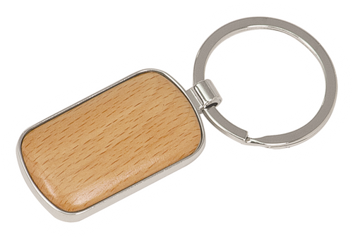 GFT136 - 1" x 1 3/4" Silver/Wood Laserable Rounded Corner Rectangle Keychain