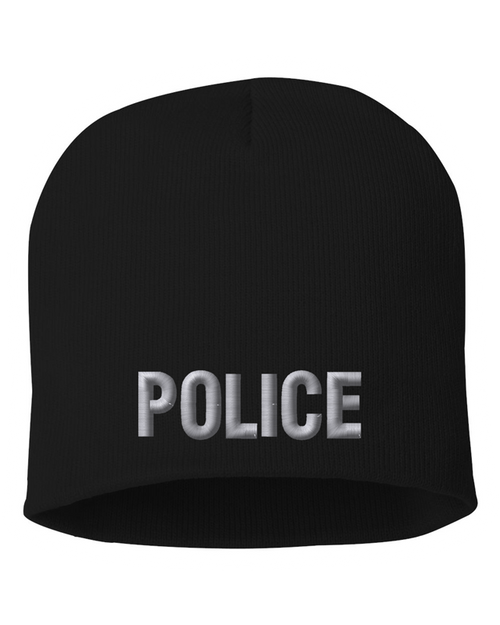 Black knit cap 8 inch with Police in Tear Drop Thread
