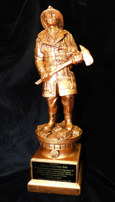 LSR-RSN-RF1129: Goldtone 13 inch Fireman Resin Statue with Axe