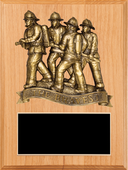 LSR-PLQ-SOL-FD25: Solid Wood w/Laser Engraved Black Brass Plate & Firefighter Casting