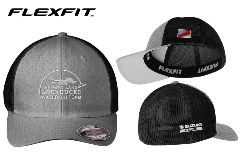 AQD-C812-HTR-GRY-BLK-EMB: Flexfit Heather Grey/Black Mesh Back Cap