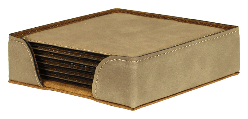 GFT239 - 4" Light Brown Square Laserable Leatherette 6-Coaster Set