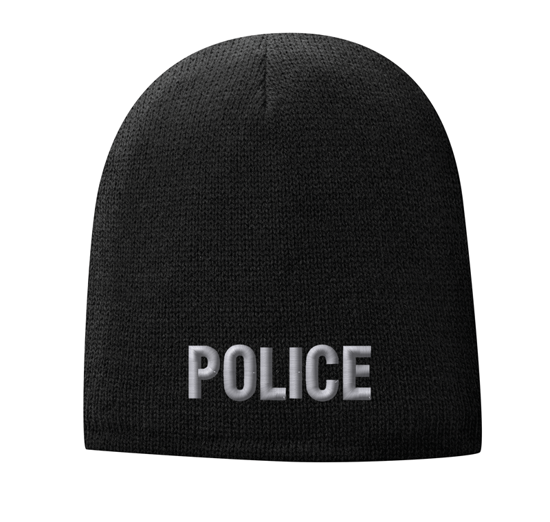 Fleece Lined Black knit cap 9 inch with Police in Tear Drop Thread