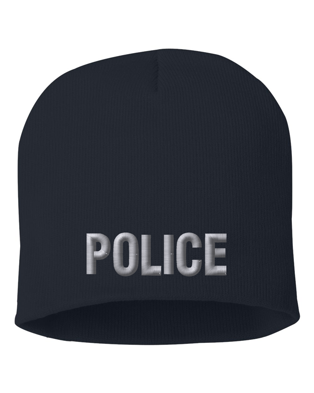 Navy knit cap 8 inch with Police in Tear Drop Thread