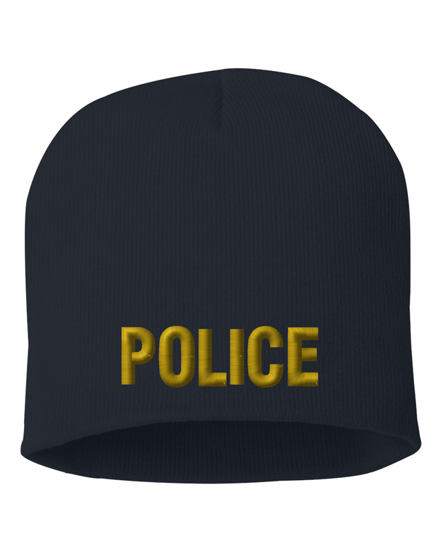 Navy knit cap 8 inch with Police in Marine Gold Thread