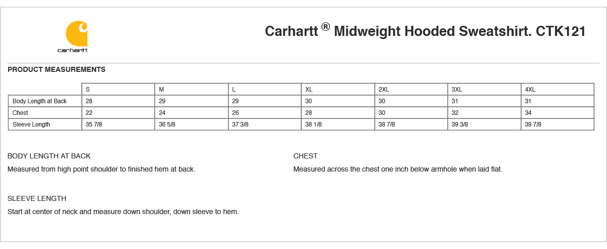 Carhartt Sweatshirt Size Chart