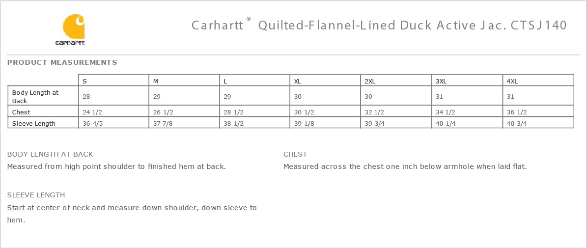 Carhartt Jacket Size Chart