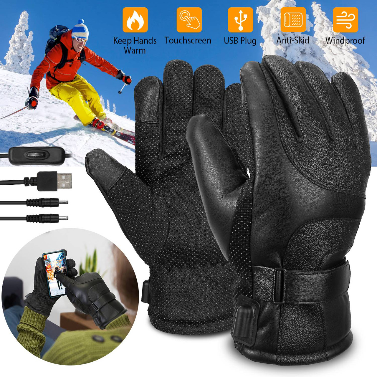 USB Heated Gloves Waterproof USB Charging Warmer Gloves For Skiing