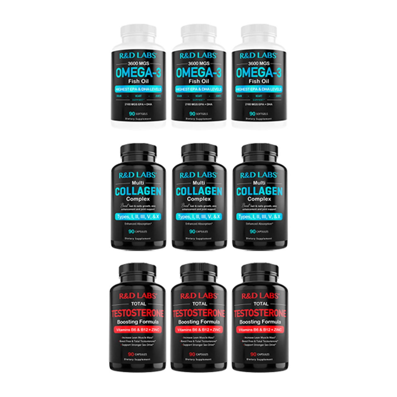 R&D Labs Variation for Collagen, Omega-3, and Testosterone (3-Pack) $23.99 (47% OFF)