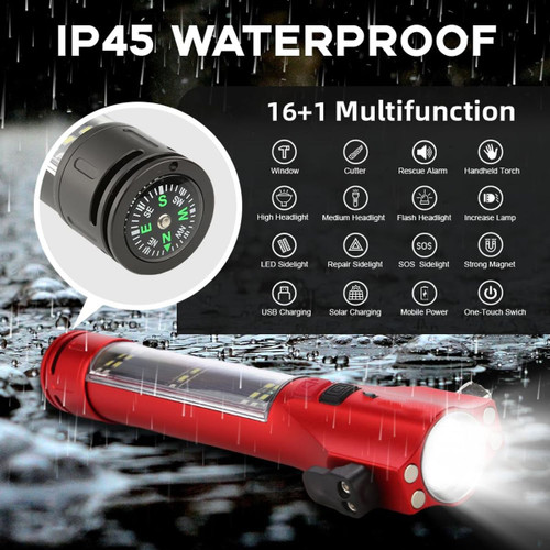 1443531 Car Safety Hammer Flashlight LED High Lumens Rechargeable Solar Powered ...