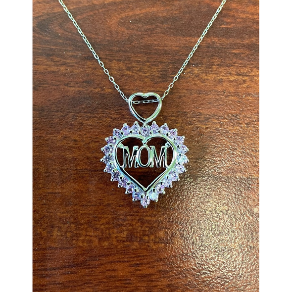 'MOM' Lab-Grown Pink Sapphire Sterling Silver Heart Pendant Necklace product image