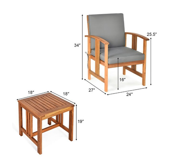 Wooden 3-Piece Patio Furniture Set with Grey Cushions product image