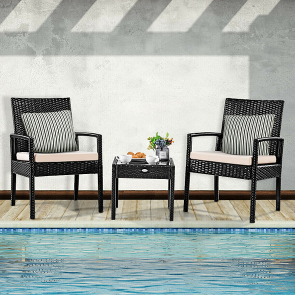 3-Piece Black Rattan Wicker Patio Furniture Set with Cushions product image
