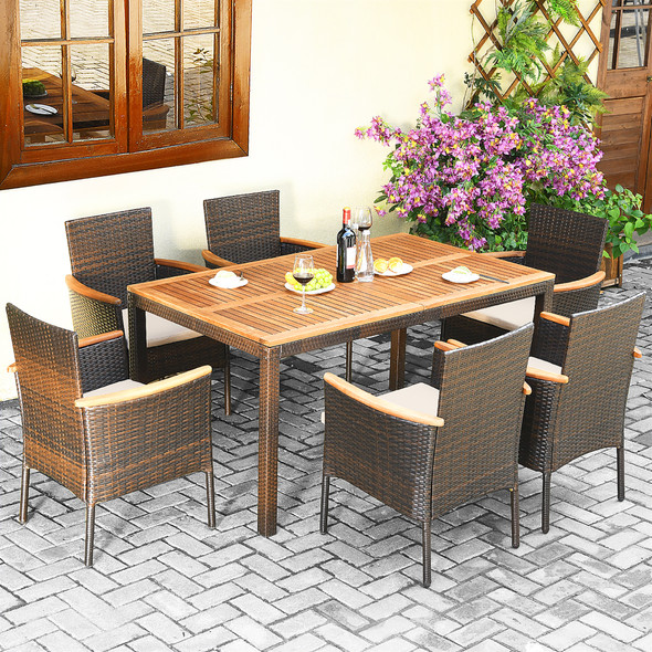 7-Piece Rattan Patio Dining Set with Stackable Chairs & Umbrella Hole product image