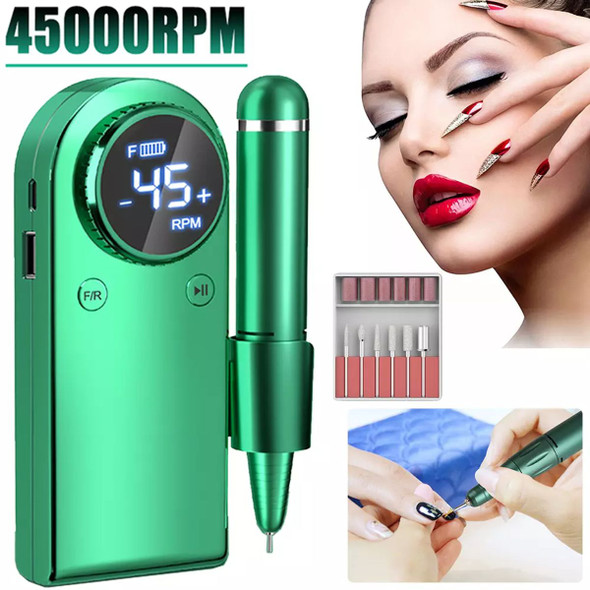 45000RPM Nail Drill Machine Rechargeable Nail File Nails Accessories Gel Nail Polish Sander Professional Tool Manicure Set Color Green product image