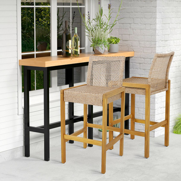 Rattan Patio Wood Barstools Dining Chairs with Backrest (Set of 2) product image