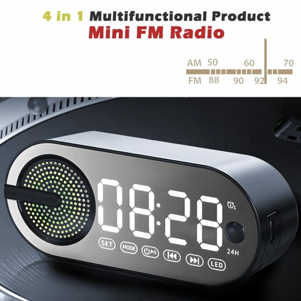 Portable Wireless Bluetooth Speakers 4 in 1 Multifunctional Soundbox Alarm Clock Mini FM Radio Mirror 4 Hours Playtime Handsfree,Ambient LED Light product image