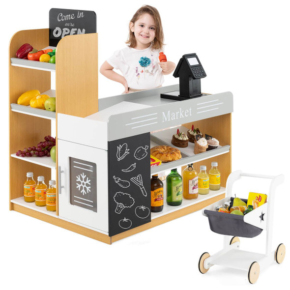 Kids' Pretend Play Grocery Store Set with Shopping Cart & 2 Chalkboards product image