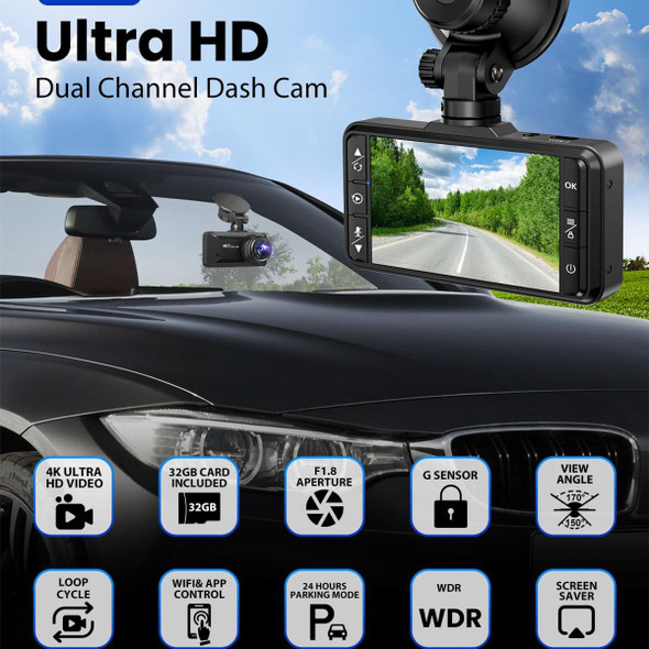 Dash Cam Front Rear 4K 1080P for Cars Built in WiFi Full HD Dash Cam with APP Control 3.94 Inch IPS Screen,G-Sensor WDR 24Hr Parking Mote product image