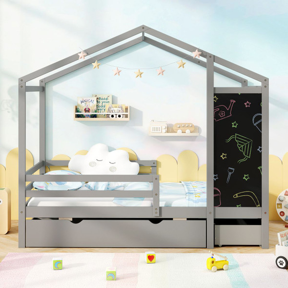 Kids' Twin Size Bed with 2 Drawers - Solid Wood Bed with Blackboard product image
