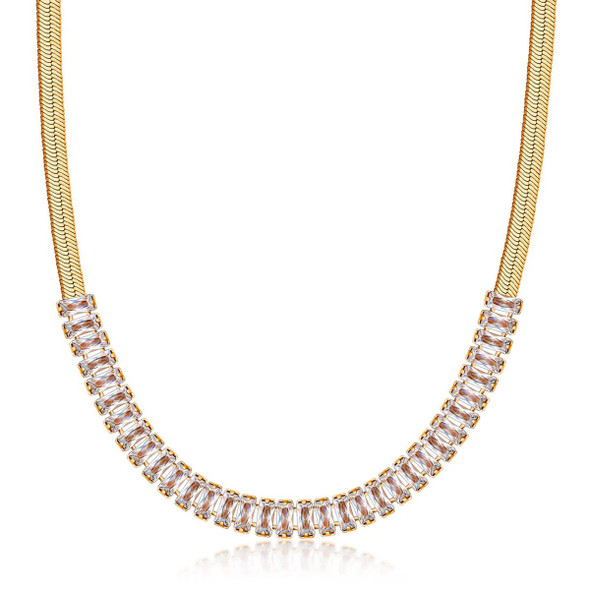 18K Gold Plated Herringbone Chain with Baguette Zirconia Crystals product image