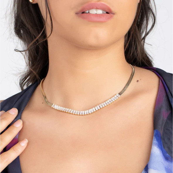 18K Gold Plated Herringbone Chain with Baguette Zirconia Crystals product image