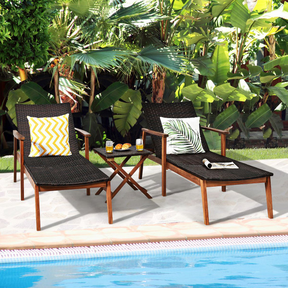3-Piece Wooden Patio Rattan Chaise Lounge Chair Set  product image