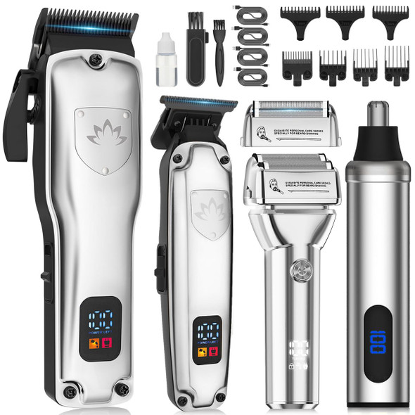 Professional Cordless Hair Clippers Trimmer Grooming Set for Men T-Shaper Trimmer & Foil Shaver Nose & Ear Hair Trimmer with LED Display-Silver product image